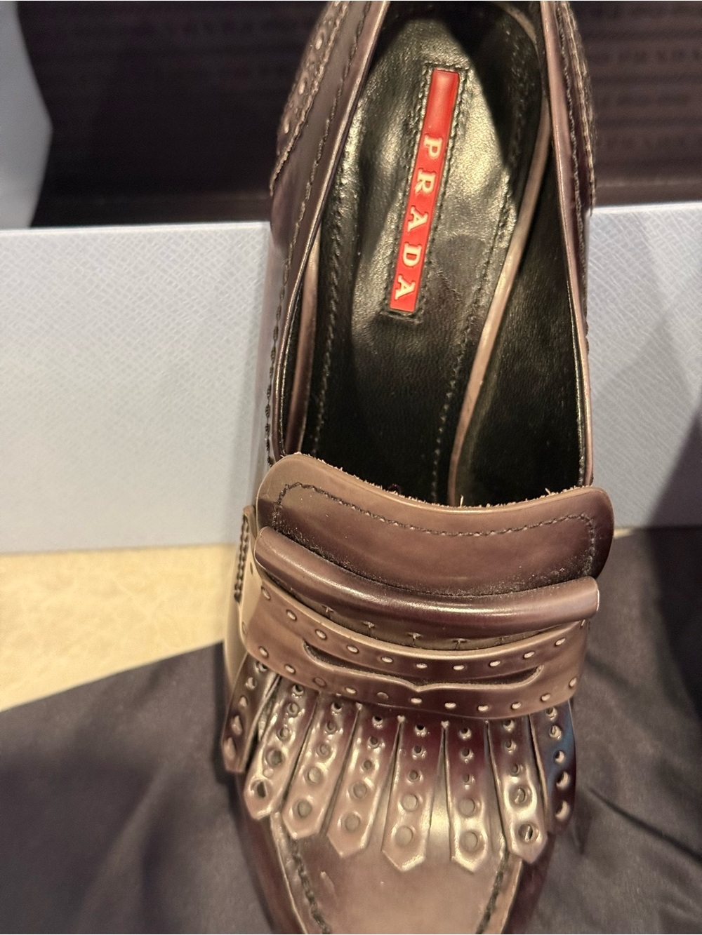 Prada Brown/ gray Leather Kiltie Fringe Loafers - Picture 2 of 7